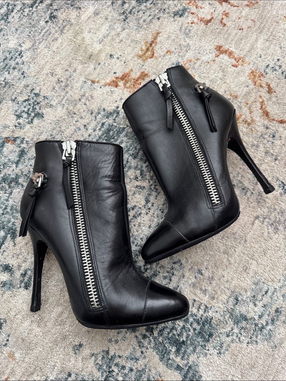 Black Leather Stiletto Ankle Boots with Silver Zipper - Picture 5 of 12